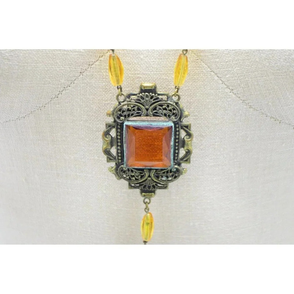 Victorian Topaz Glass Rhinestone Filigree Bead Beaded Pendant Necklace - Picture 2 of 7